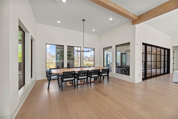 Dining room, Interior, Pendant Lights, Recessed Lighting, Wooden Beams, Wood Texture Flooring