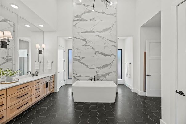 Bathroom, Dual Sink Vanities, Free Standing Baths, Interior, Marble Walls, Recessed Lighting