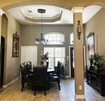Dining room, Interior, Pendant Lights, Wood Texture Flooring