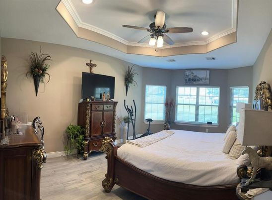 Bedroom, Interior, Recessed Lighting, Wood Texture Flooring