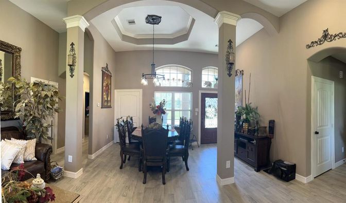 Dining room, Interior, Pendant Lights, Wood Texture Flooring