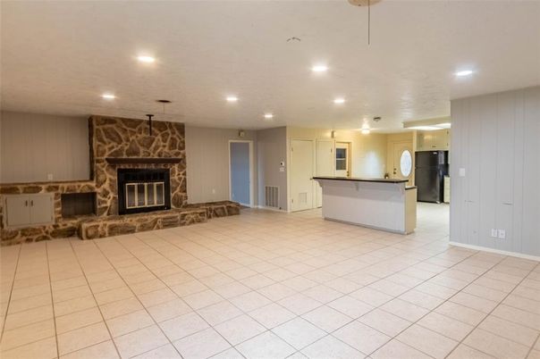 Empty room, Fireplace, Interior, Kitchen, Recessed Lighting, Stone Walls