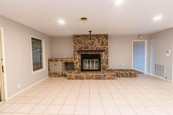 Empty room, Fireplace, Interior, Recessed Lighting, Stone Walls