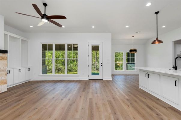 Empty room, Interior, Kitchen, Pendant Lights, Recessed Lighting, Wood Texture Flooring