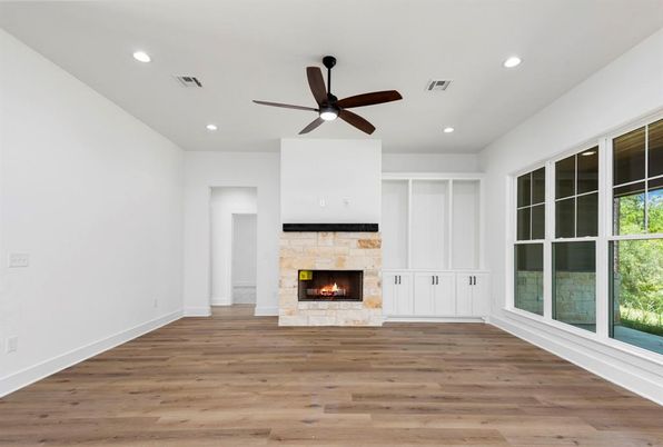 Empty room, Fireplace, Interior, Recessed Lighting, Wood Texture Flooring