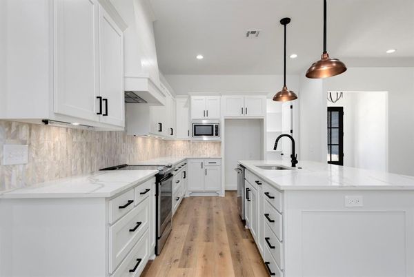 Interior, Kitchen, Pendant Lights, Recessed Lighting, Stainless Steel Appliances, Wood Texture Flooring