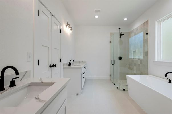 Bathroom, Dual Sink Vanities, Free Standing Baths, Glass Shower, Interior, Recessed Lighting