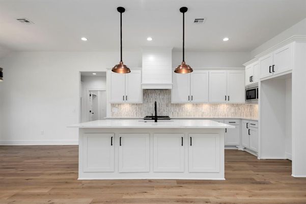Interior, Kitchen, Pendant Lights, Recessed Lighting, Wood Texture Flooring