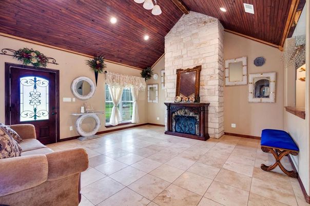Fireplace, Interior, Recessed Lighting, Stone Walls, Wooden Ceilings