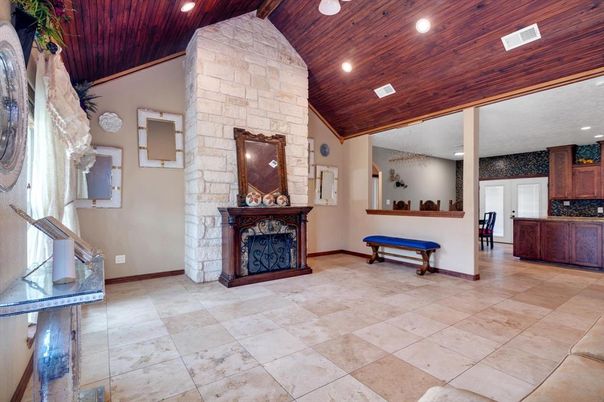 Fireplace, Interior, Recessed Lighting, Stone Walls, Wooden Ceilings