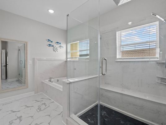 Bathroom, Glass Shower, Interior, Marble, Marble Walls, Recessed Lighting