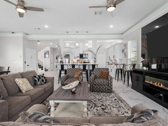Fireplace, Interior, Kitchen, Living room, Marble, Pendant Lights, Recessed Lighting