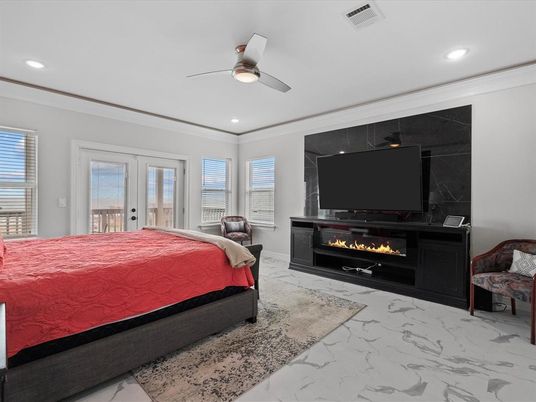 Bedroom, Fireplace, Interior, Marble, Marble Walls, Recessed Lighting