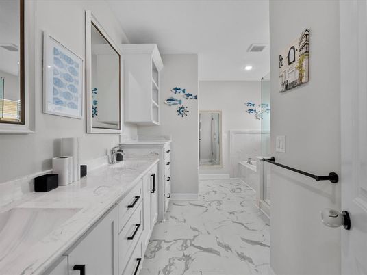 Bathroom, Dual Sink Vanities, Interior, Marble, Recessed Lighting