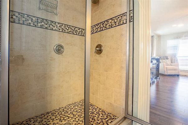 Bathroom, Glass Shower, Interior, Recessed Lighting, Wood Texture Flooring
