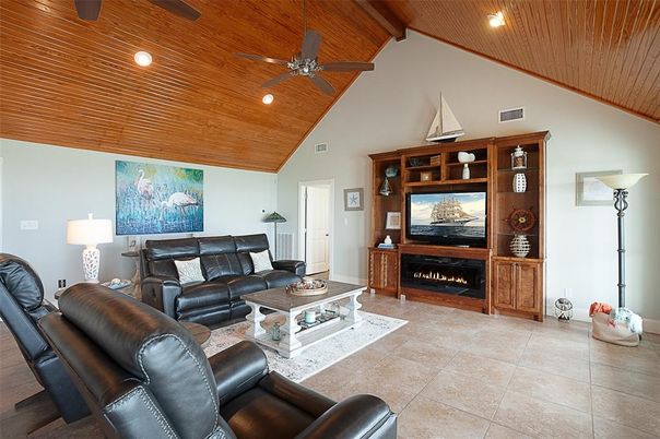 Fireplace, Interior, Living room, Recessed Lighting, Wooden Ceilings