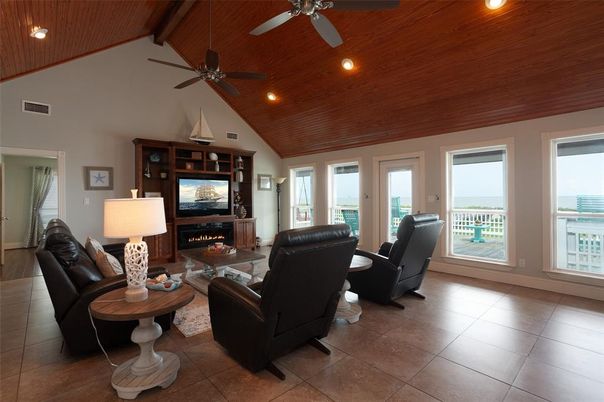Fireplace, Interior, Living room, Recessed Lighting, Wooden Ceilings