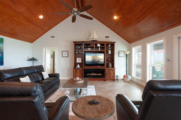Fireplace, Interior, Living room, Recessed Lighting, Wooden Ceilings