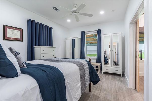 Bedroom, Interior, Recessed Lighting, Wood Texture Flooring