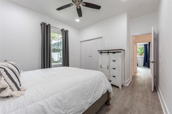 Bedroom, Interior, Recessed Lighting, Wood Texture Flooring