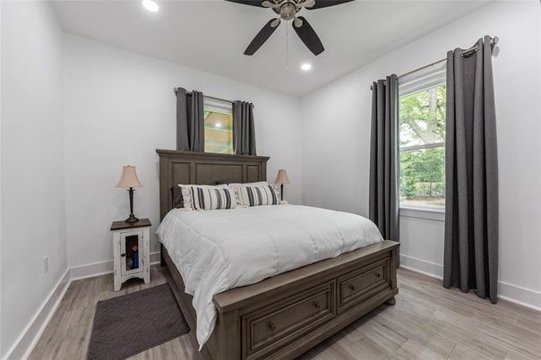 Bedroom, Interior, Recessed Lighting, Wood Texture Flooring