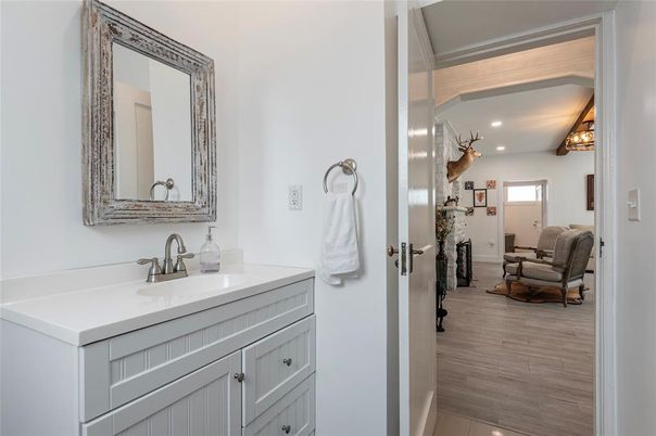 Bathroom, Dual Sink Vanities, Interior, Recessed Lighting, Wood Texture Flooring