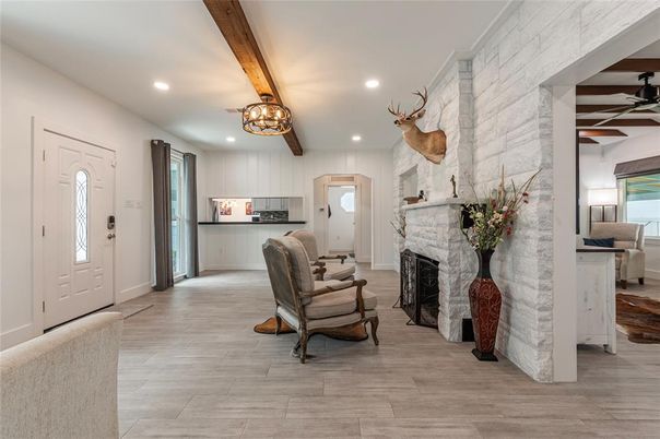 Chandelier, Fireplace, Interior, Recessed Lighting, Wooden Beams, Wood Texture Flooring