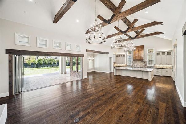 Chandelier, Empty room, Interior, Kitchen, Pendant Lights, Recessed Lighting, Wooden Beams, Wood Texture Flooring