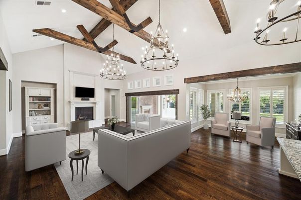 Chandelier, Fireplace, Interior, Living room, Recessed Lighting, Wooden Beams, Wood Texture Flooring