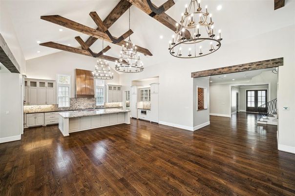 Chandelier, Empty room, Interior, Kitchen, Pendant Lights, Recessed Lighting, Wooden Beams, Wood Texture Flooring