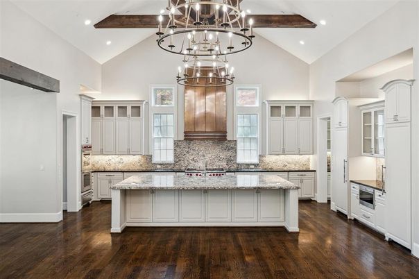 Chandelier, Interior, Kitchen, Recessed Lighting, Wooden Beams, Wood Texture Flooring