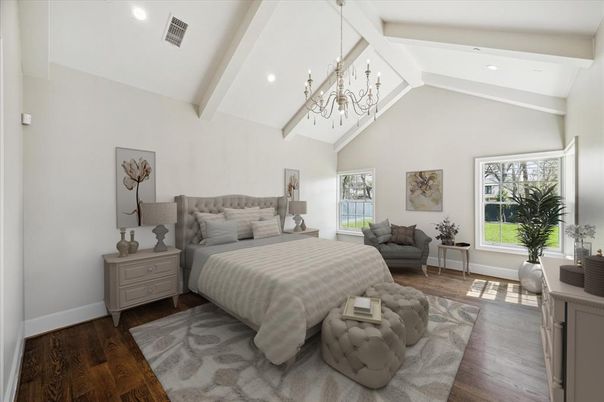 Bedroom, Chandelier, Interior, Recessed Lighting, Wood Texture Flooring