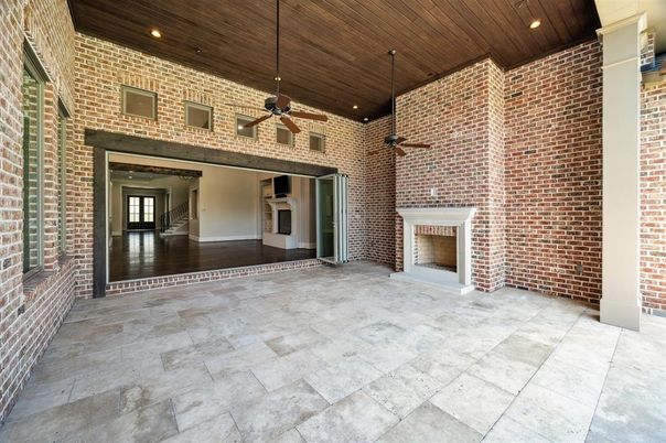 Empty room, Fireplace, Interior, Recessed Lighting, Stone Walls