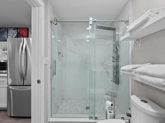 Bathroom, Glass Shower, Interior, Marble Walls