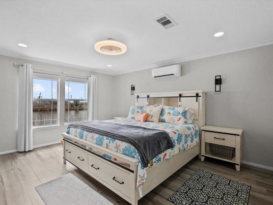 Bedroom, Interior, Recessed Lighting, Water, Wood Texture Flooring