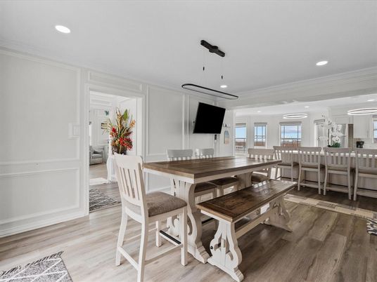 Dining room, Interior, Pendant Lights, Recessed Lighting, Wood Texture Flooring