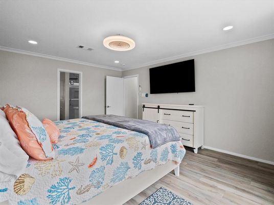 Bedroom, Interior, Recessed Lighting, Wood Texture Flooring