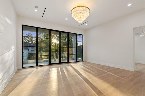 Chandelier, Empty room, Interior, Recessed Lighting, Wood Texture Flooring