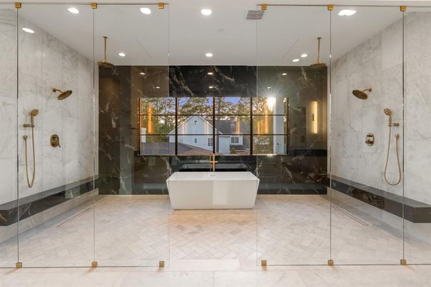 Bathroom, Free Standing Baths, Glass Shower, Interior, Marble Walls, Recessed Lighting