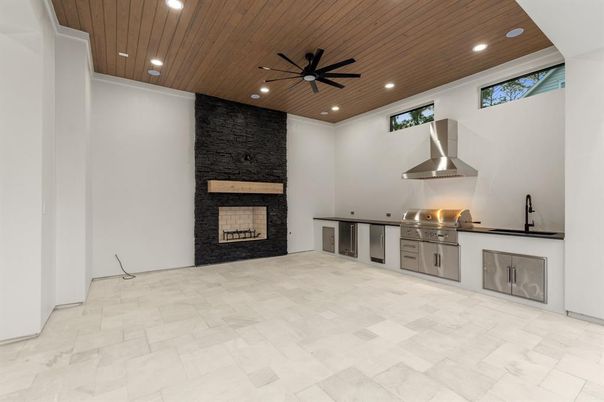 Fireplace, Interior, Recessed Lighting, Wooden Ceilings