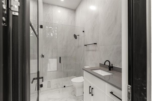 Bathroom, Glass Shower, Interior, Marble, Marble Walls, Recessed Lighting