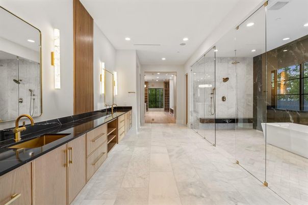 Bathroom, Dual Sink Vanities, Free Standing Baths, Glass Shower, Interior, Marble, Marble Walls, Recessed Lighting