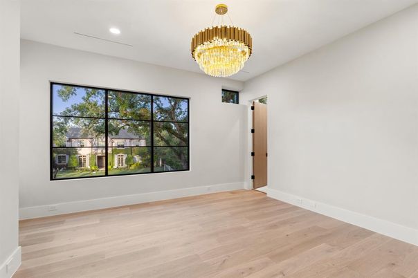 Chandelier, Empty room, Interior, Recessed Lighting, Wood Texture Flooring
