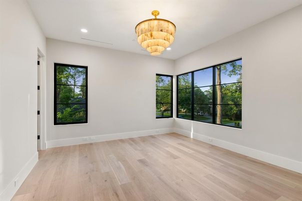 Chandelier, Empty room, Interior, Recessed Lighting, Wood Texture Flooring