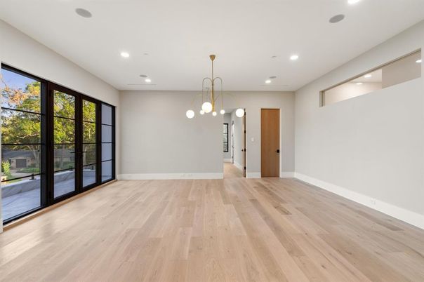Empty room, Interior, Pendant Lights, Recessed Lighting, Wood Texture Flooring