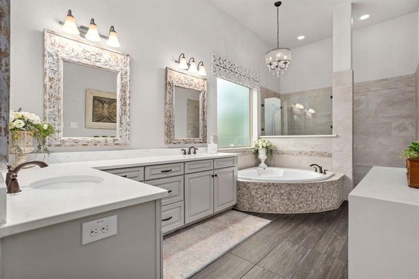 Bathroom, Dual Sink Vanities, Interior, Pendant Lights, Recessed Lighting, Wood Texture Flooring