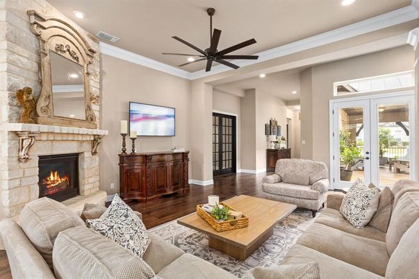 Fireplace, Interior, Living room, Recessed Lighting, Stone Walls, Wood Texture Flooring