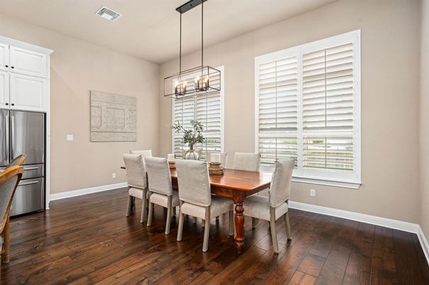 Dining room, Interior, Pendant Lights, Wood Texture Flooring