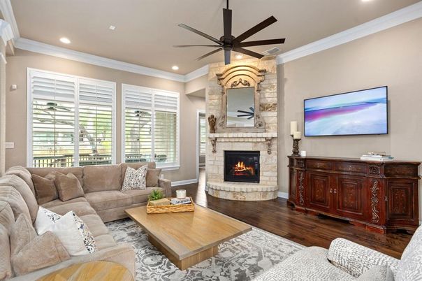 Fireplace, Interior, Living room, Recessed Lighting, Wood Texture Flooring