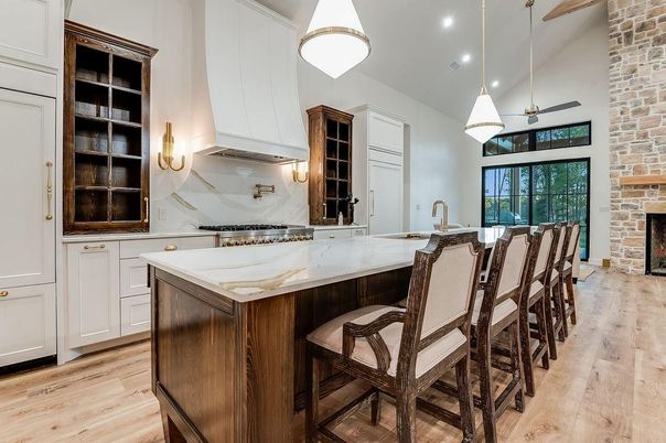 Fireplace, Interior, Kitchen, Pendant Lights, Recessed Lighting, Stone Walls, Wood Texture Flooring